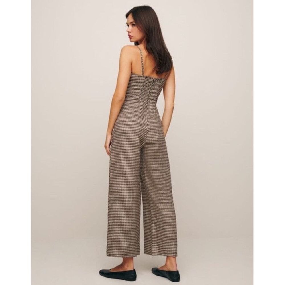 Reformation Overland Linen Jumpsuit In Tartine Check (Brown/Tan Checkered) Sz. 2 - Picture 3 of 15
